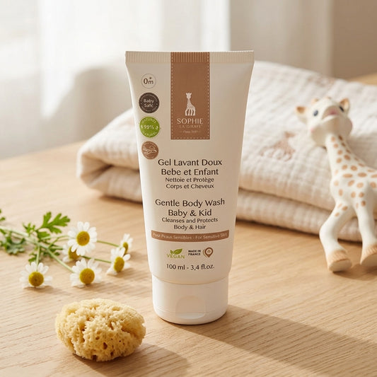 Tube 100ml gel lavant doux Sophie la Girafe corps et cheveux pour bébé format voyage.