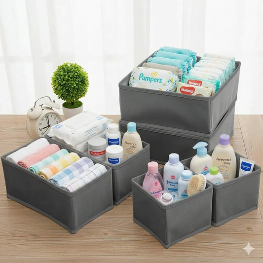 Kit de rangement bébé 6 pièces comprenant des paniers organisateurs de tiroir gris pour couches et vêtements au Maroc.
