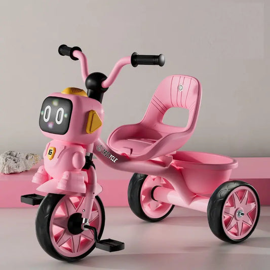 Tricycle enfant rose design robot avec panier arrière disponible sur neufmois.ma Maroc.