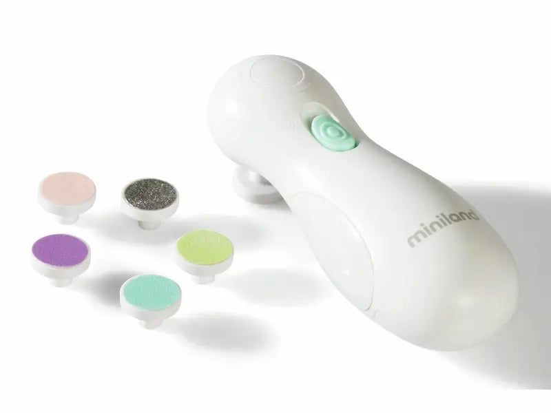Lime à ongles électrique bébé Miniland blanche et bleue avec boîte et têtes interchangeables