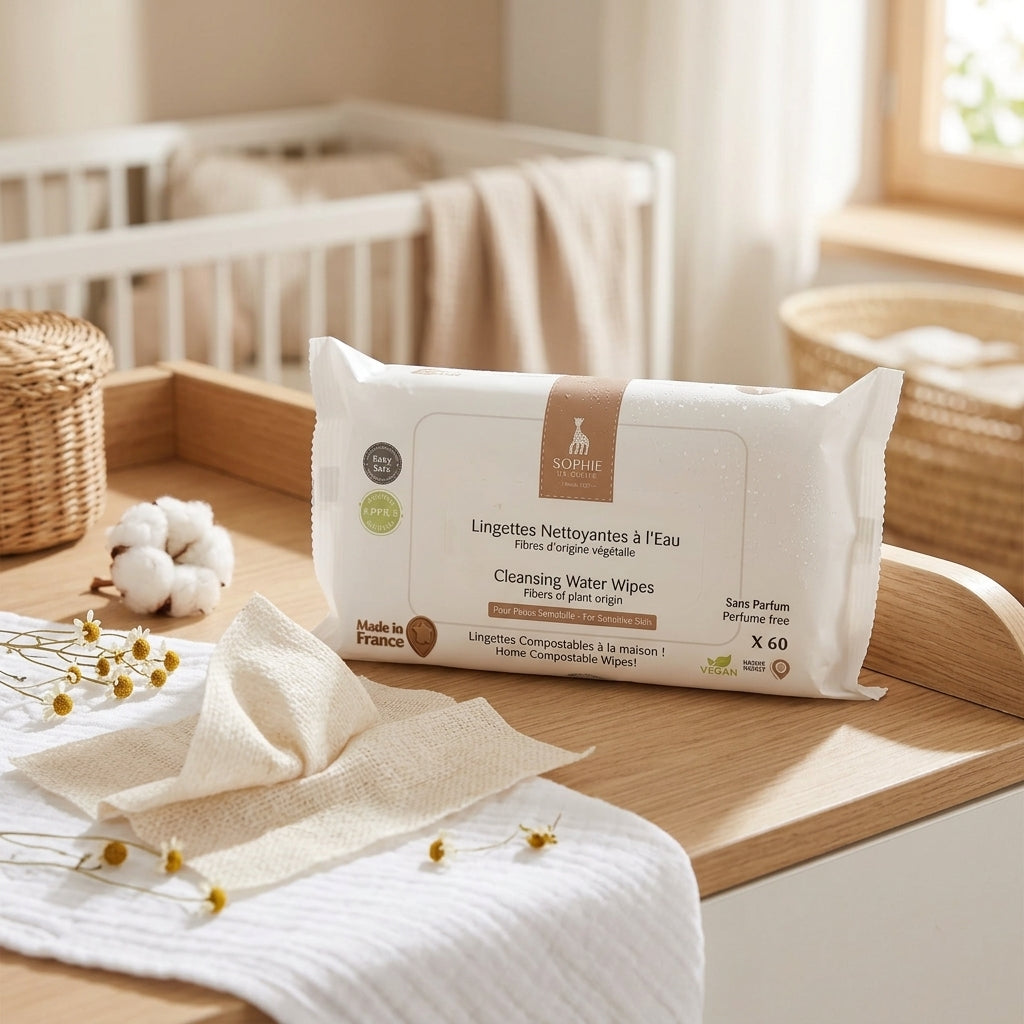 Paquet de 60 lingettes nettoyantes à l'eau Sophie la Girafe sans parfum et compostables, lingette.