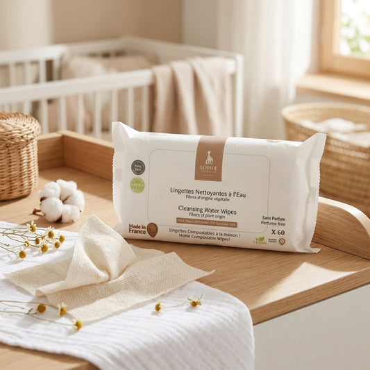 Paquet de 60 lingettes nettoyantes à l'eau Sophie la Girafe sans parfum et compostables, lingette.