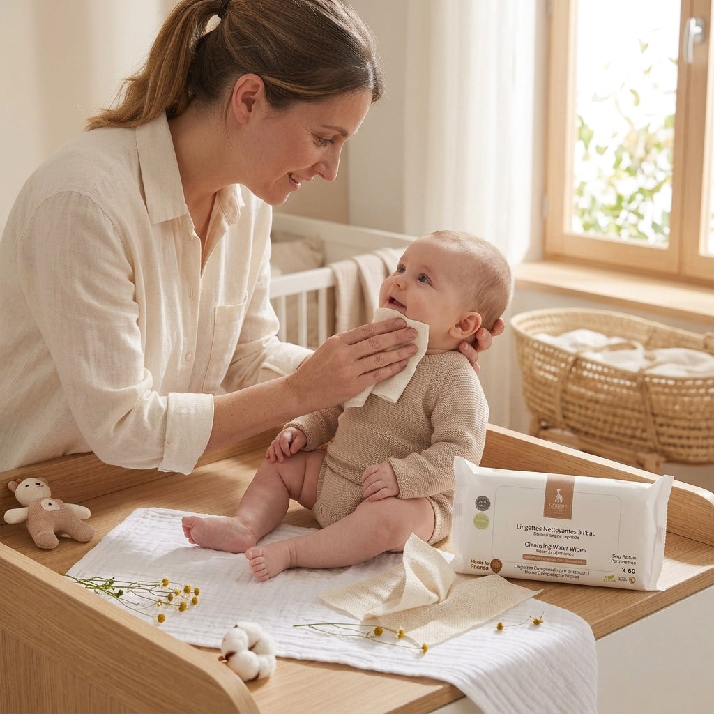 Paquet de 60 lingettes nettoyantes à l'eau Sophie la Girafe sans parfum et compostables, lingette.