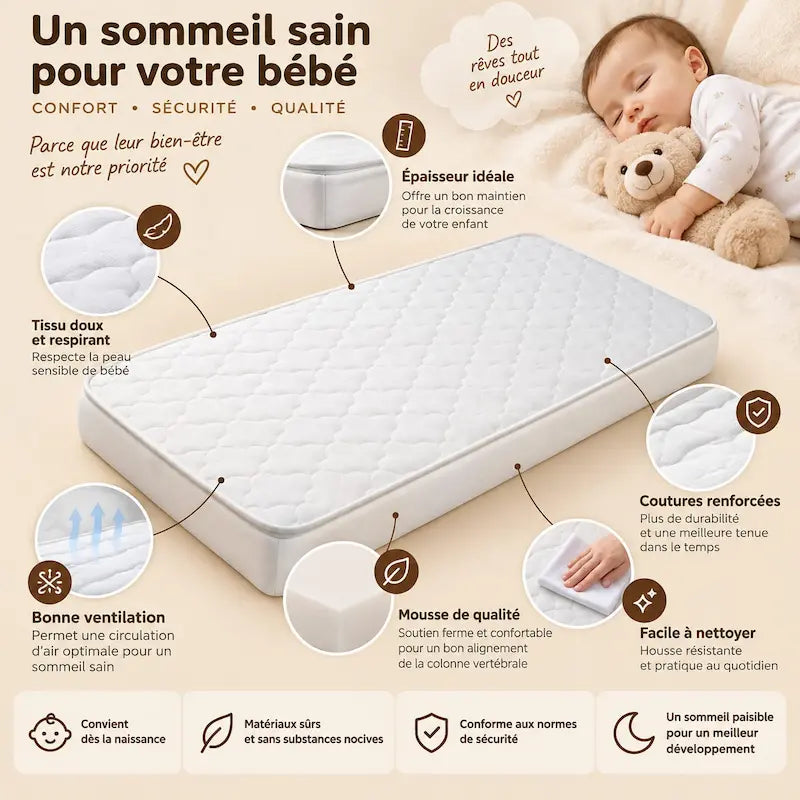 Matelas orthopédique blanc matelassé pour lit de bébé confortable et respirant