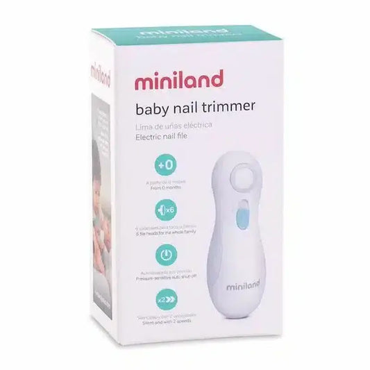 Lime à ongles électrique bébé Miniland blanche et bleue avec boîte et têtes interchangeables