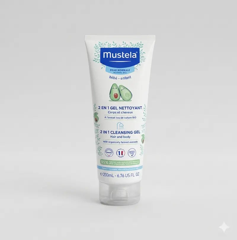 Gel nettoyant 2 en 1 Mustela bébé Maroc à l'avocat bio pour cheveux et corps tube de 200ml.