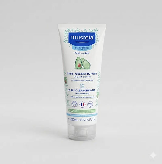 Gel nettoyant 2 en 1 Mustela bébé Maroc à l'avocat bio pour cheveux et corps tube de 200ml.