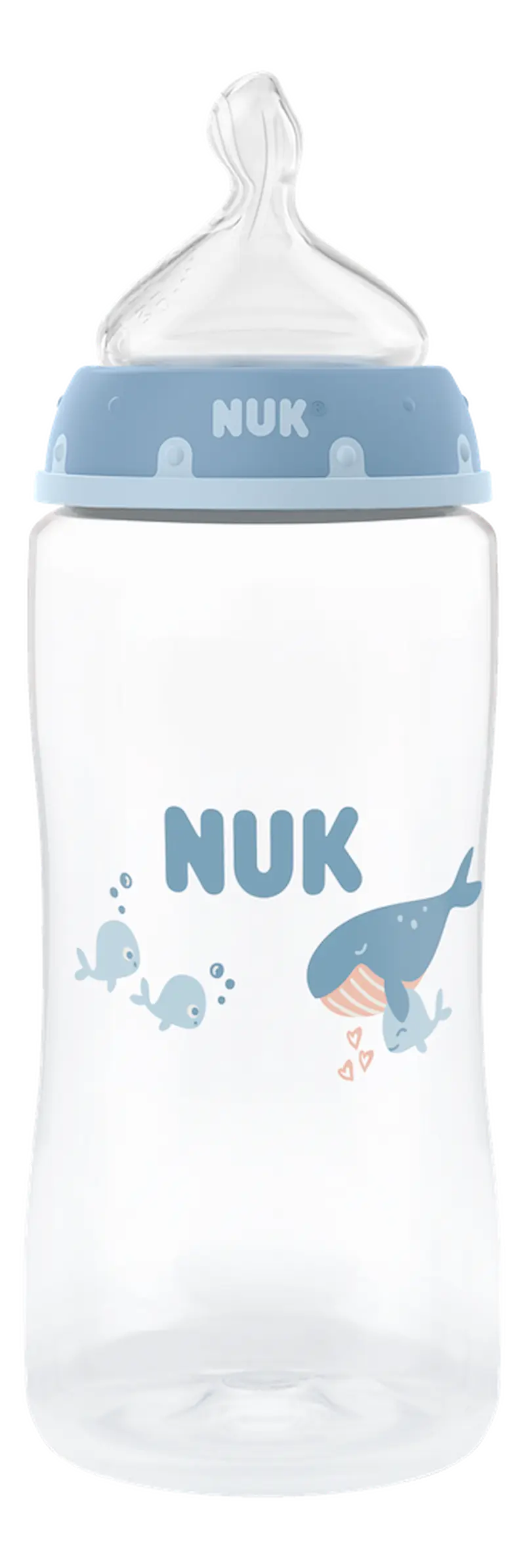 Biberon NUK First Choice 300ml 3m+ avec tétine en silicone et système anti-colique motif baleine.