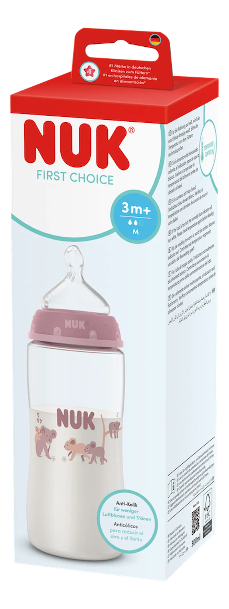 Biberon NUK First Choice 300ml 3m+ avec tétine en silicone et système anti-colique motif koala