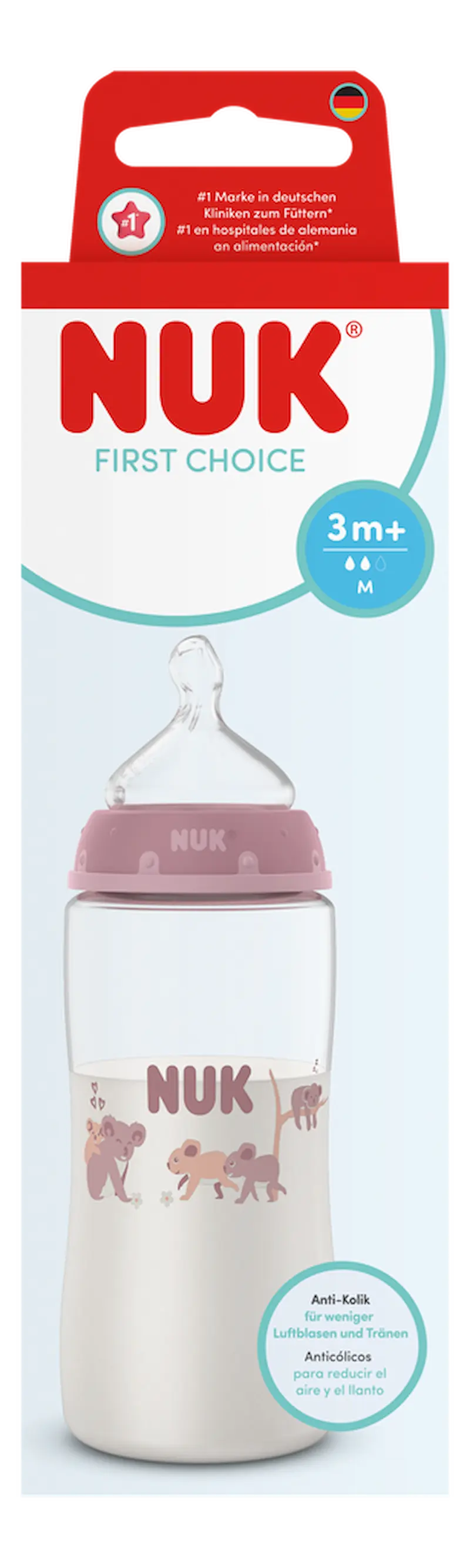 Biberon NUK First Choice 300ml 3m+ avec tétine en silicone et système anti-colique motif koala.