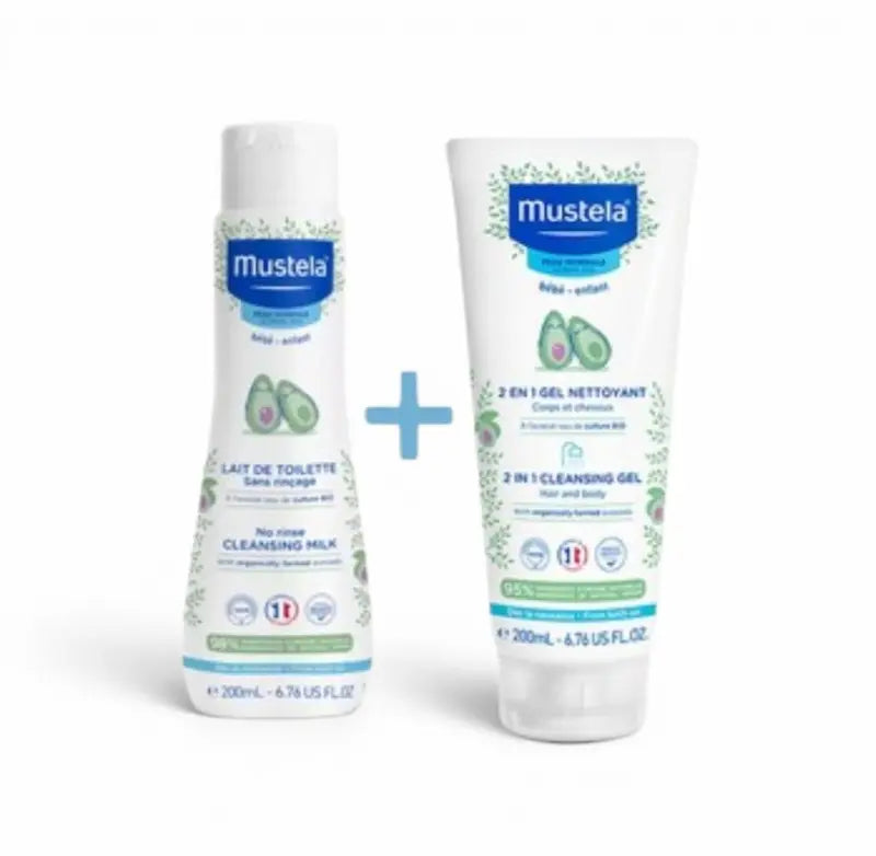 Pack Mustela Bébé Maroc comprenant le Lait de Toilette sans rinçage et le Gel Nettoyant 2 en 1 à l'avocat bio pour le soin de la peau des nourrissons.