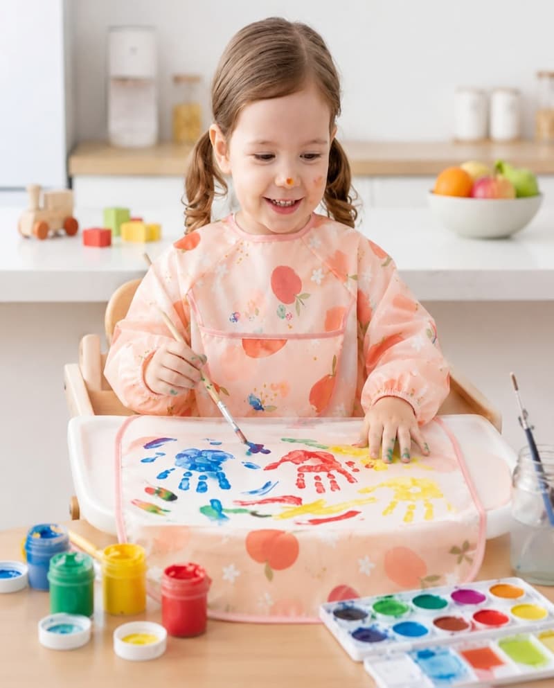 Petite fille sur une chaise haute portant un bavoir intégral à manches longues rose imperméable pour le repas,
