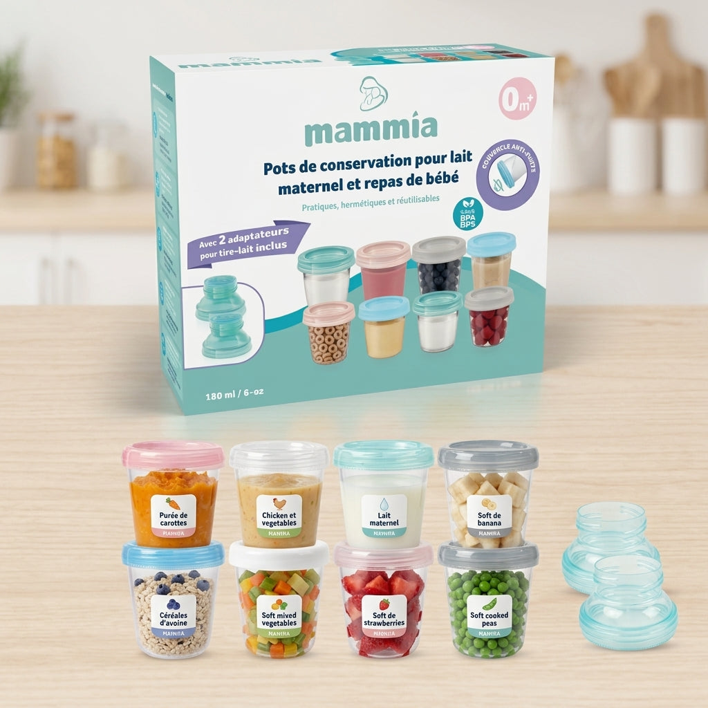Pots de conservation pour lait maternel et repas bébé Mammia 180ml avec adaptateurs tire-lait.
