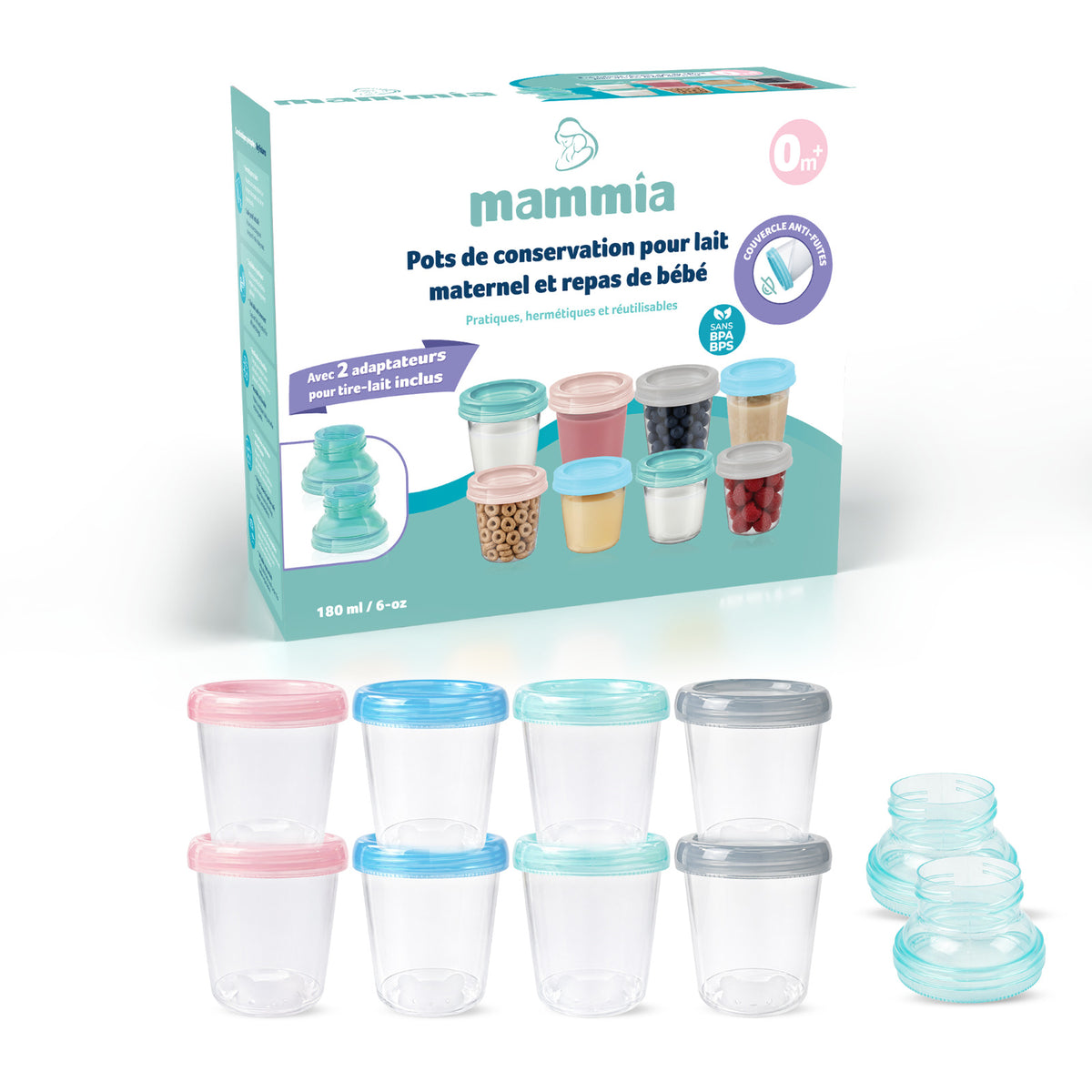 Pots de conservation pour lait maternel et repas bébé Mammia 180ml avec adaptateurs tire-lait.