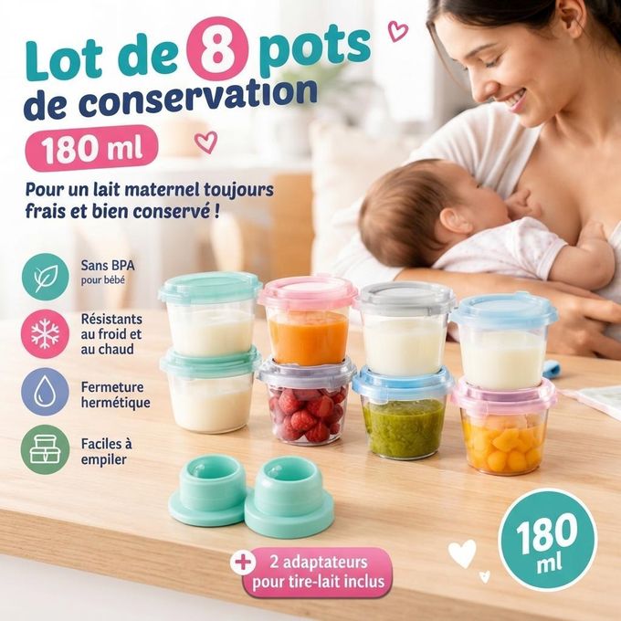 Pots de conservation pour lait maternel et repas bébé Mammia 180ml avec adaptateurs tire-lait.