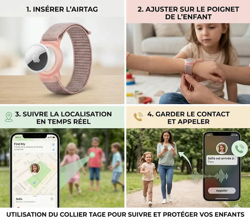 Protégez votre enfant en toute sérénité. Bracelet AirTag premium ajustable, confortable et sécurisé. Suivi en temps réel. Commandez le vôtre !