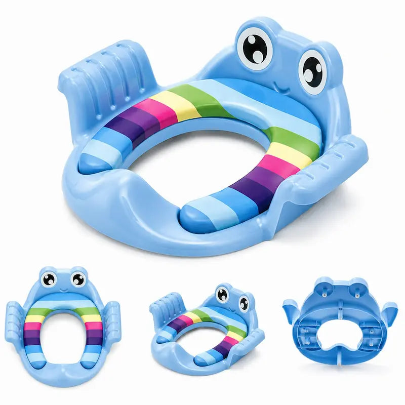 Reducteur de toilette enfant grenouille avec coussin rembourre multicolore et poignees laterales de securite.
