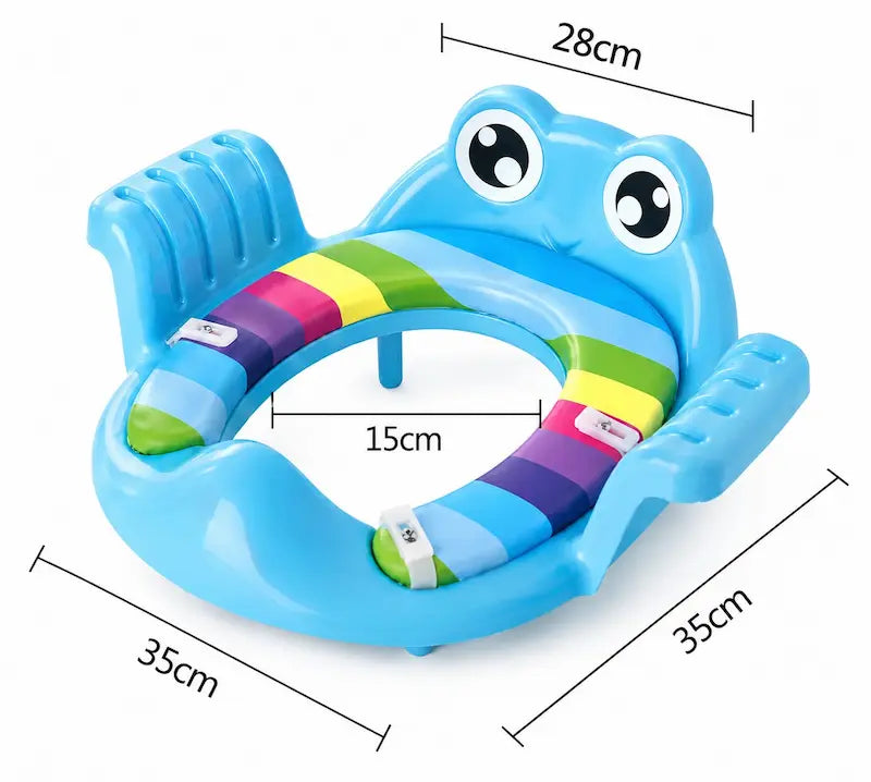Reducteur de toilette enfant grenouille  avec coussin rembourre multicolore et poignees laterales de securite.