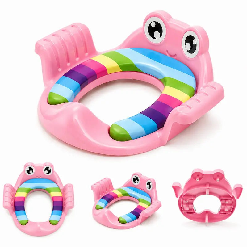 Reducteur de toilette enfant grenouille  avec coussin rembourre multicolore et poignees laterales de securite.