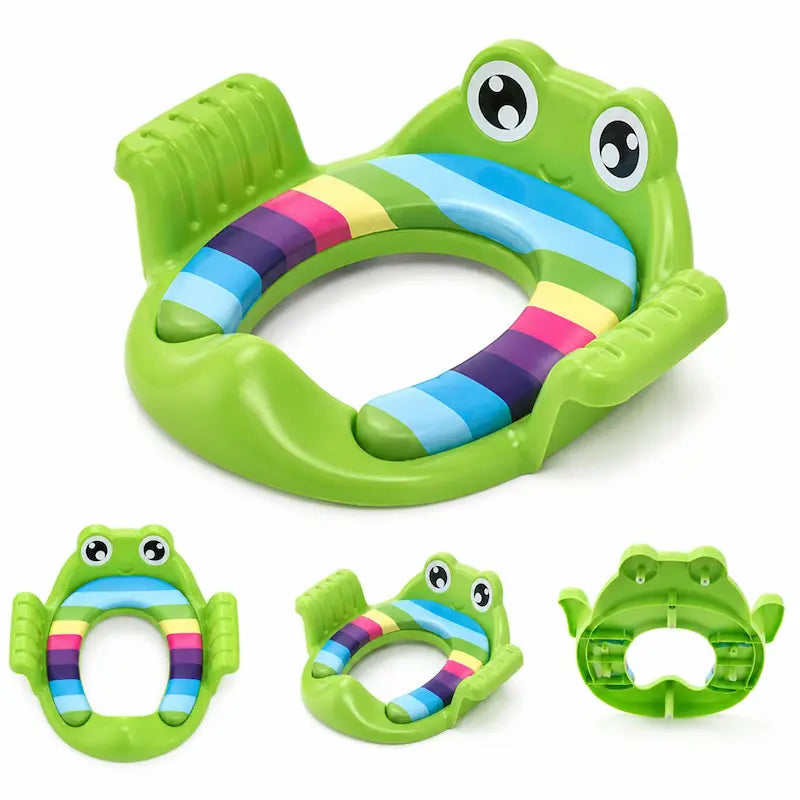 Reducteur de toilette enfant grenouille verte avec coussin rembourre multicolore et poignees laterales de securite.
