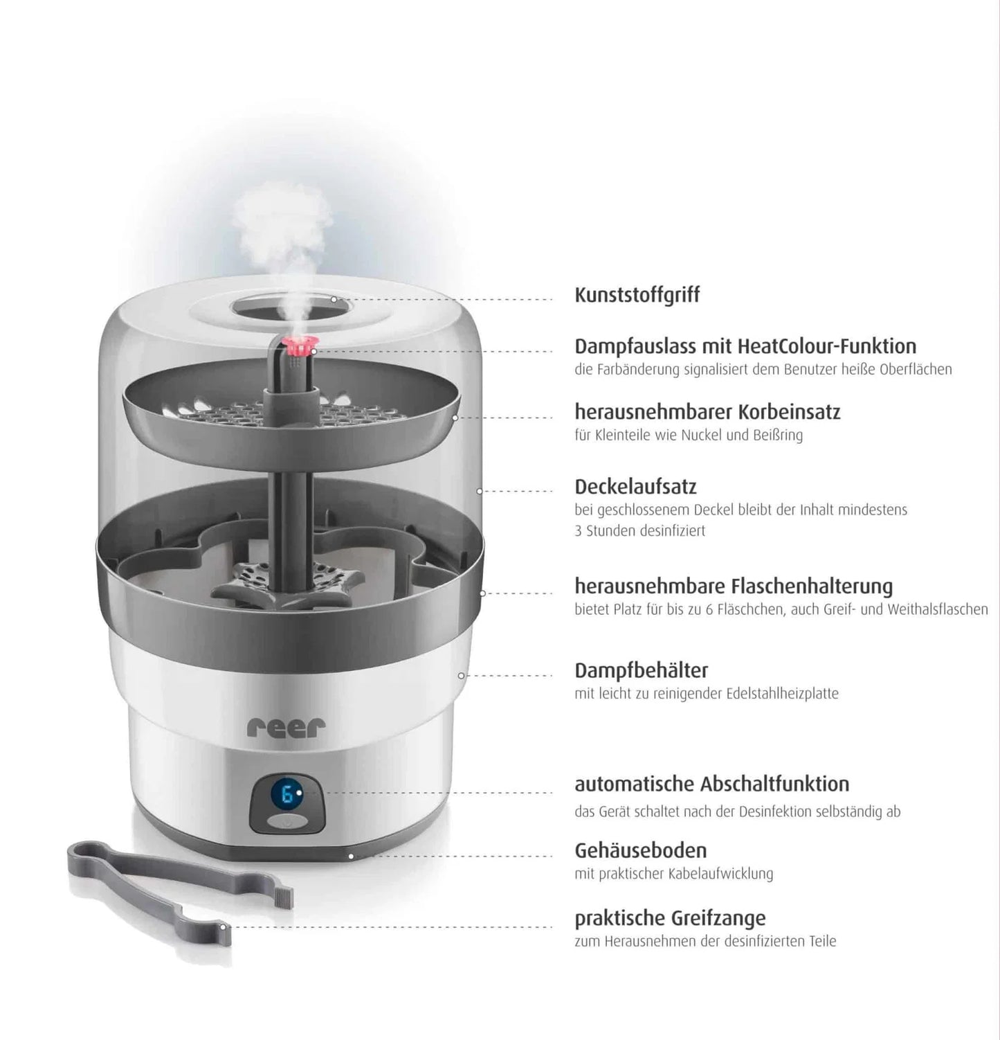 Sterilisateur a vapeur electrique Reer VapoMax pour 6 biberons et accessoires bebe sans produit chimique.