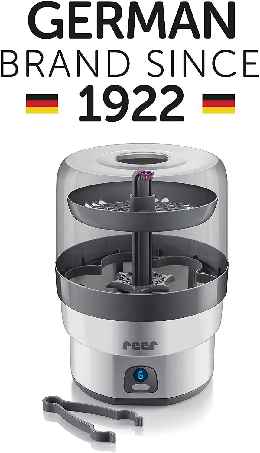 Sterilisateur a vapeur electrique Reer VapoMax pour 6 biberons et accessoires bebe sans produit chimique.