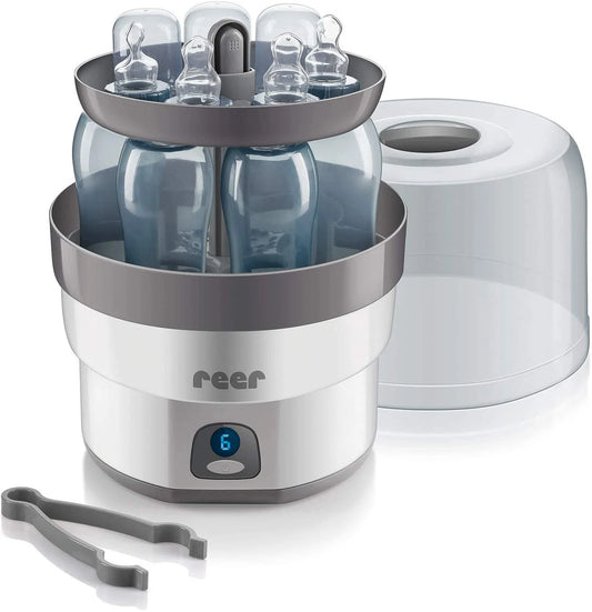 Sterilisateur a vapeur electrique Reer VapoMax pour 6 biberons et accessoires bebe sans produit chimique.