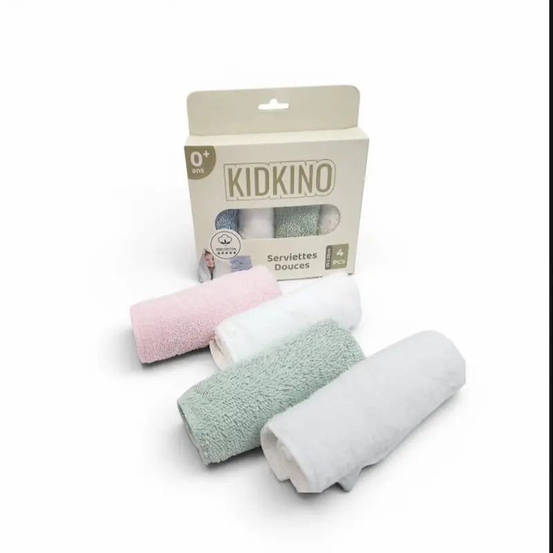 Lot de 4 serviettes douces bebe Kidkino en coton premium debarbouillette visage Maroc.