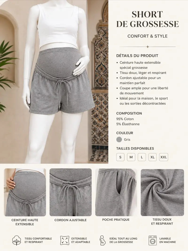 Short de maternité gris premium avec bandeau de soutien pour femme enceinte au Maroc.