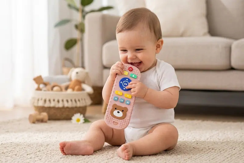Un bébé assis sur un tapis jouant joyeusement avec un anneau de dentition en forme de télécommande rose pastel en silicone.
