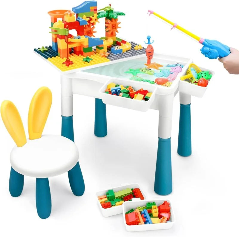 Table d'activités multi-fonctions blanche et bleue avec blocs de construction et chaise lapin assortie.