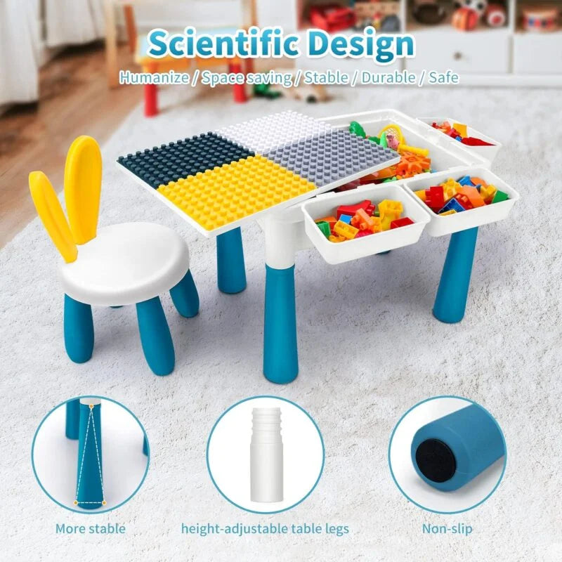 Table d'activités multi-fonctions blanche et bleue avec blocs de construction et chaise lapin assortie.