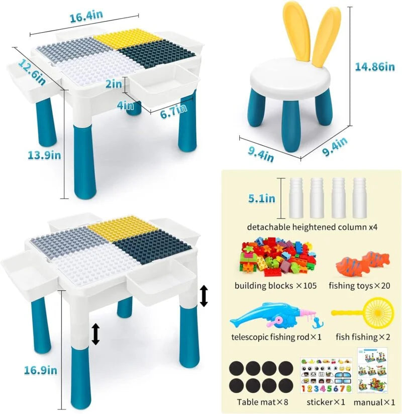 Table d'activités multi-fonctions blanche et bleue avec blocs de construction et chaise lapin assortie
