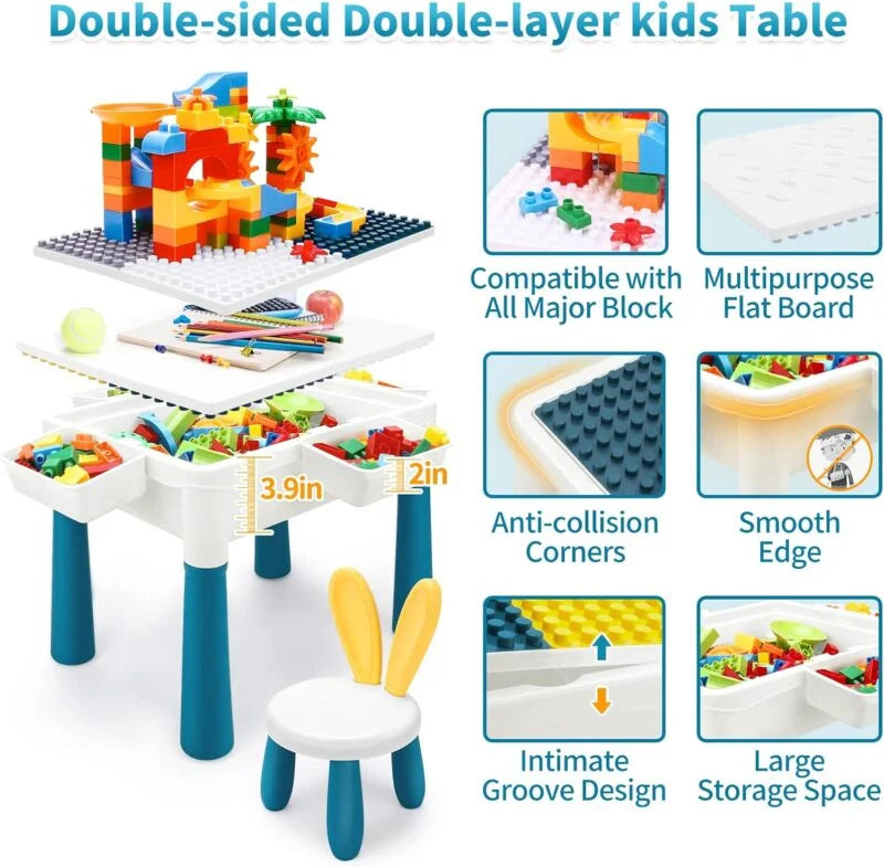Table d'activités multi-fonctions blanche et bleue avec blocs de construction et chaise lapin assortie.