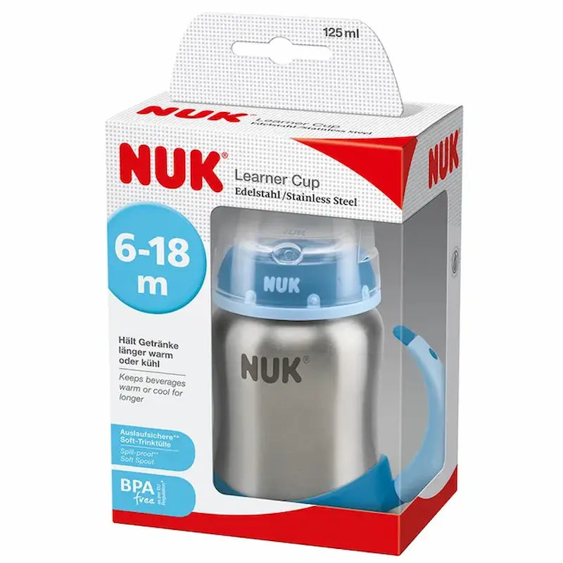 Tasse d'apprentissage en acier inoxydable NUK Learner Cup 125ml 6-18m bleu avec poignées, NUK-Tasse-Learner-Stainless-Steel-125ml-6-18M.