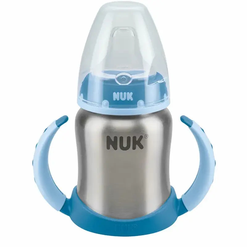 Tasse d'apprentissage en acier inoxydable NUK Learner Cup 125ml 6-18m  bleu avec poignées, NUK-Tasse-Learner-Stainless-Steel-125ml-6-18M.