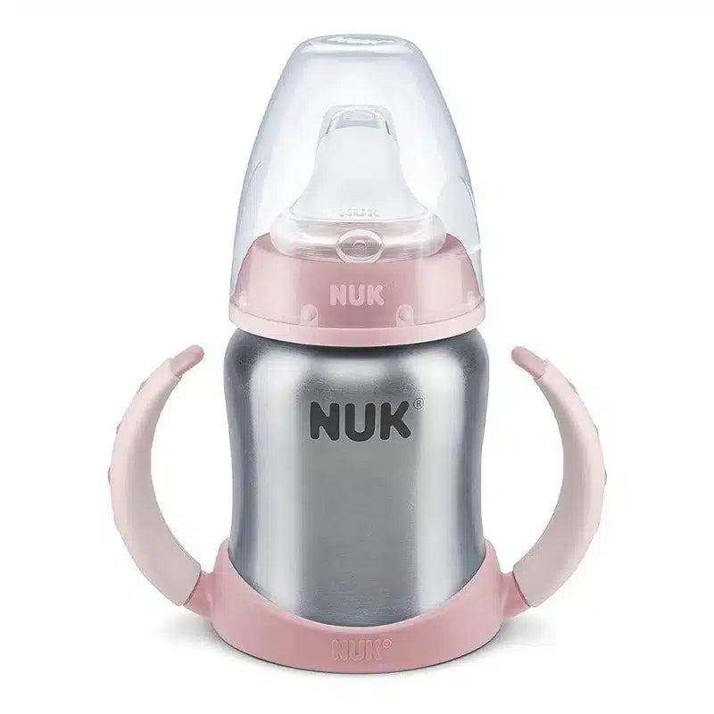Tasse d'apprentissage en acier inoxydable NUK Learner Cup 125ml 6-18m rose  avec poignées, NUK-Tasse-Learner-Stainless-Steel-125ml-6-18M-Rose.