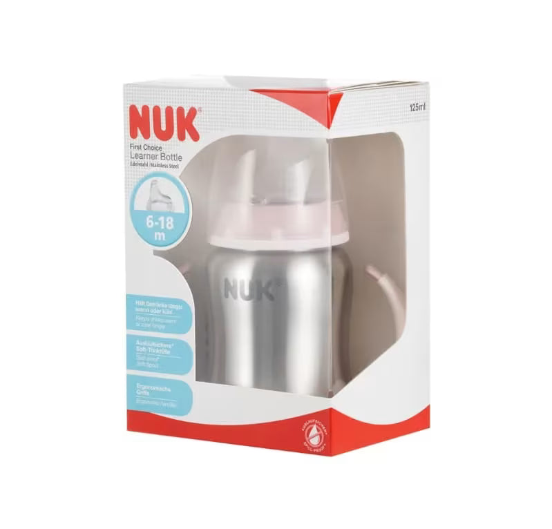 Tasse d'apprentissage en acier inoxydable NUK Learner Cup 125ml 6-18m rose et bleu avec poignées, NUK-Tasse-Learner-Stainless-Steel-125ml-6-18M.