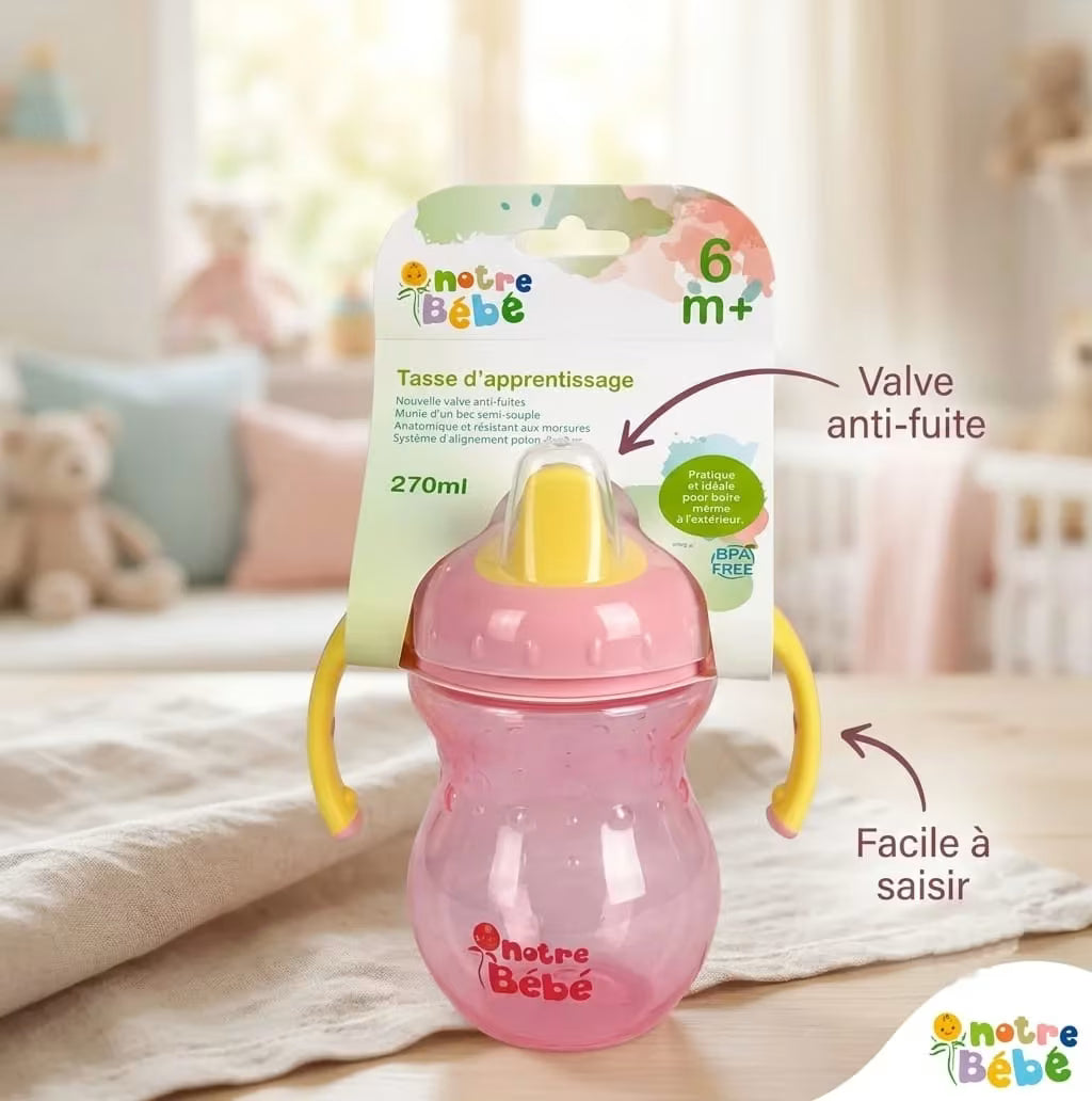 Tasse d'apprentissage 270ml Notre Bébé avec valve anti-fuite et bec semi-souple, tasse-a-bec-dur-notre-bebe-gobebe-bleu-maroc.