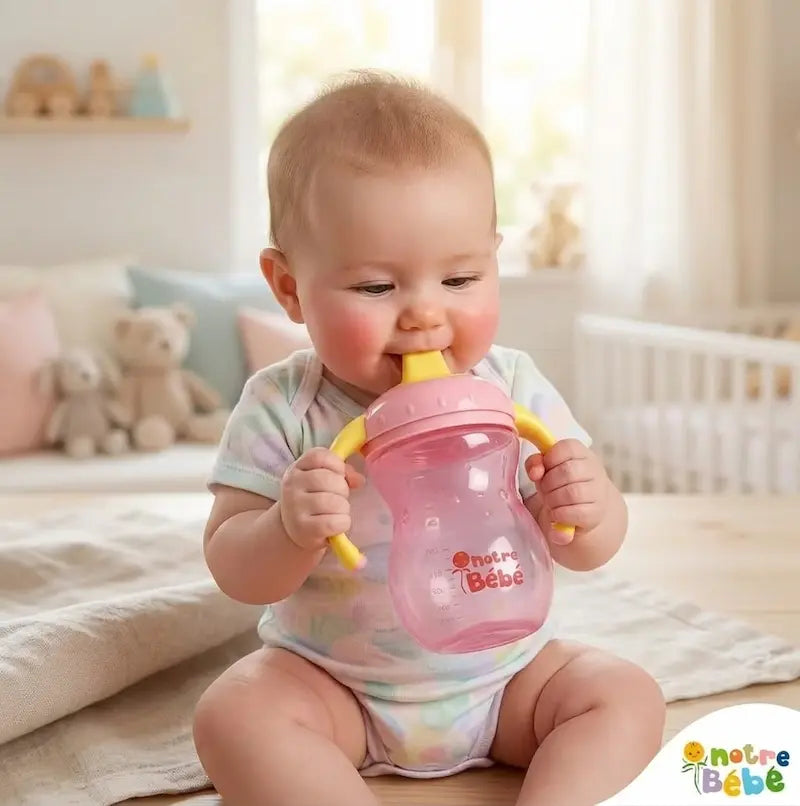 Tasse d'apprentissage 270ml Notre Bébé avec valve anti-fuite et bec semi-souple, tasse-a-bec-dur-notre-bebe-gobebe-bleu-maroc.