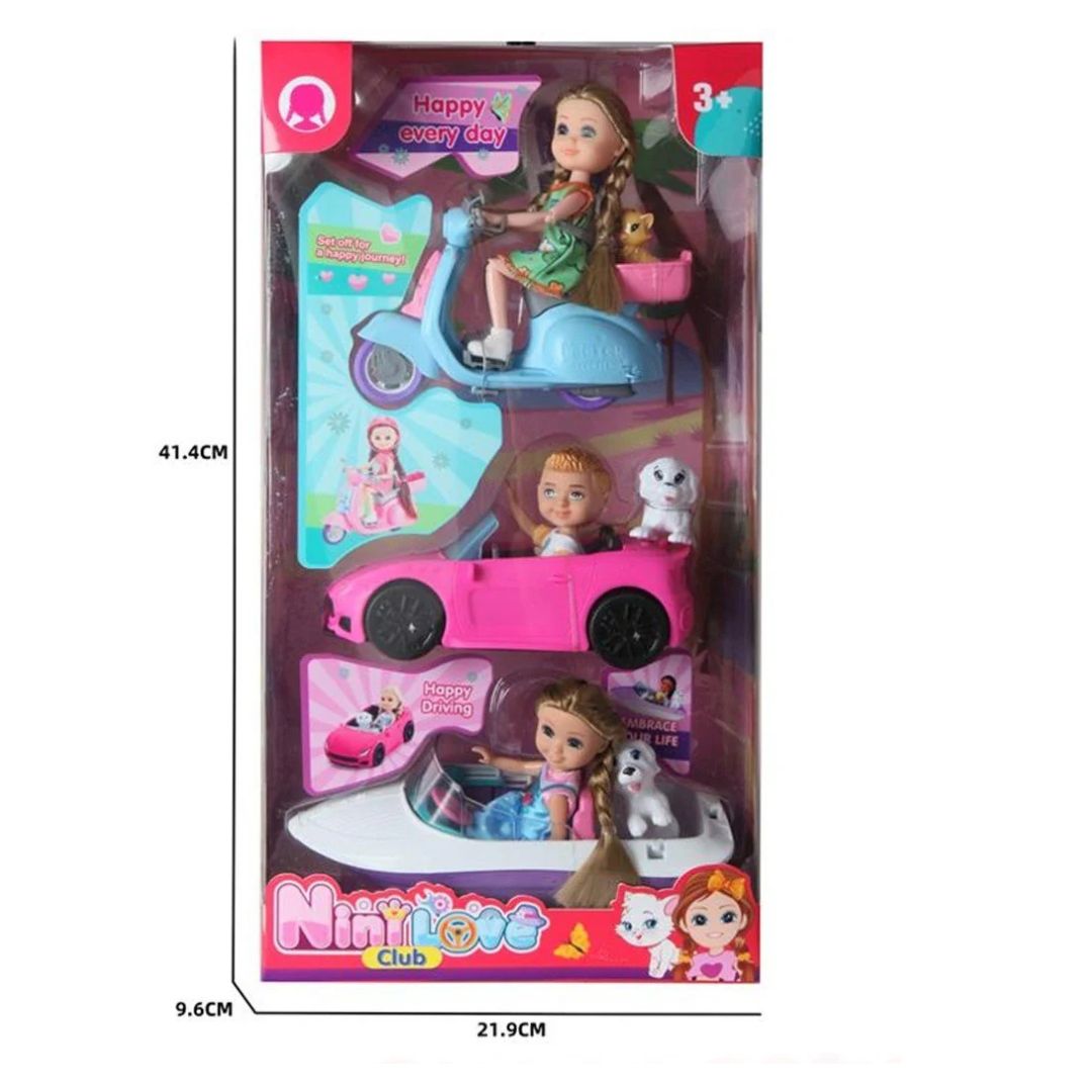 Set de 3 Poupées avec Voiture, Moto et Bateau