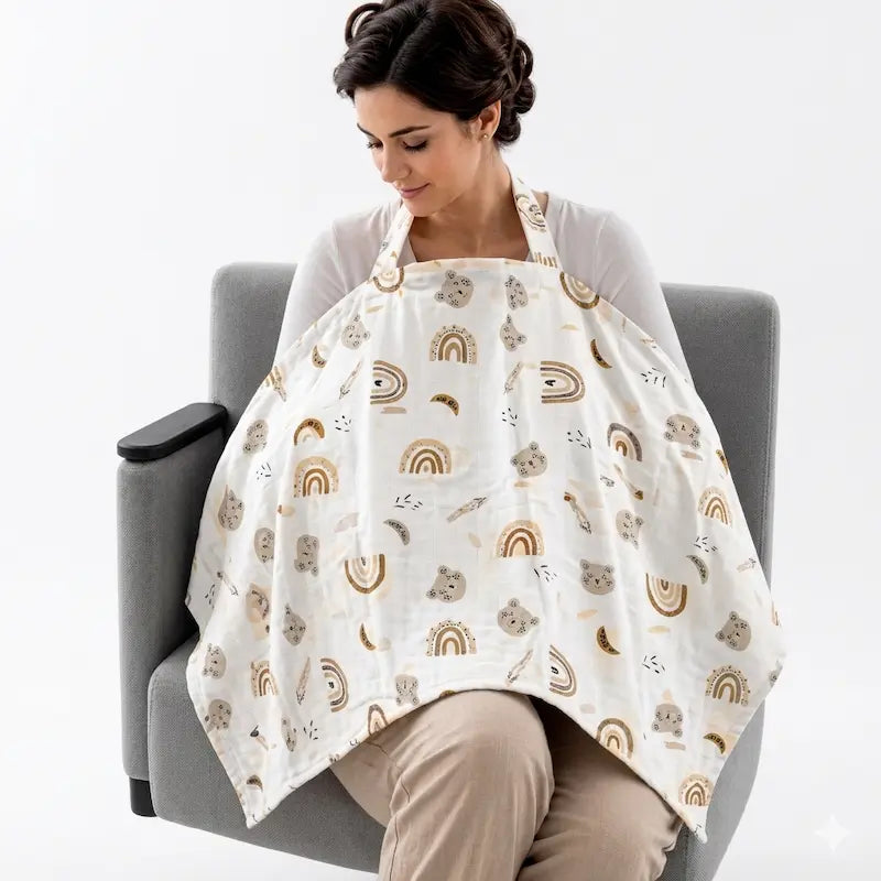 Une maman marocaine allaitant discrètement son bébé sur un canapé avec la couverture d'allaitement premium  NEUFMOIS, douce et respirante.