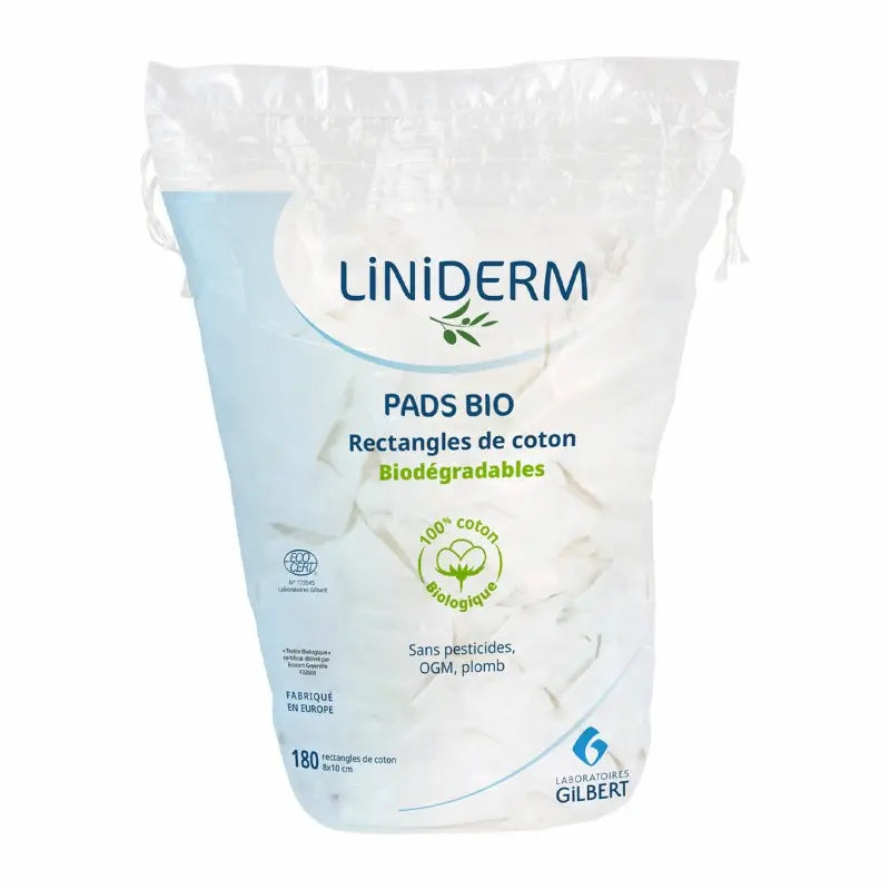 Laboratoires Gilbert Liniderm pads bio rectangles de coton biodégradables 8x10cm pour change bébé Maroc.
