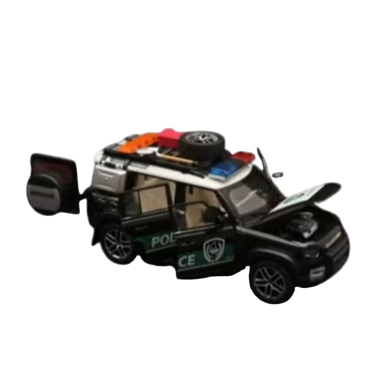 Model police car toy on a white background