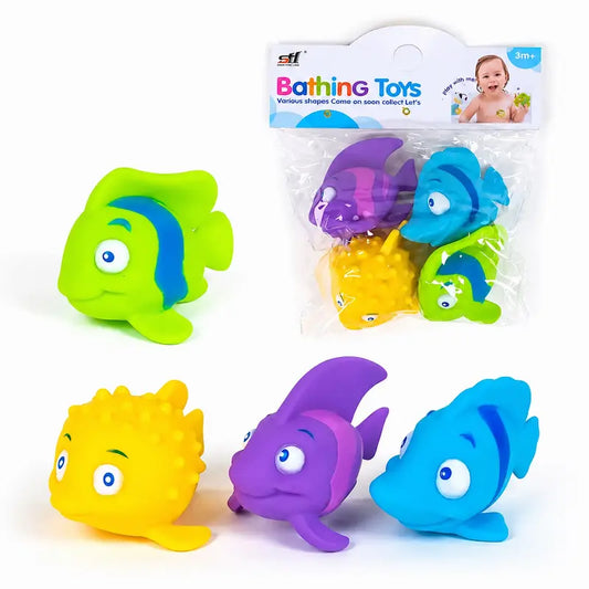Membres du kit de jouets de bain poissons multicolores pour bébé dès 3 mois, accessoires d'éveil aquatique sécurisés.