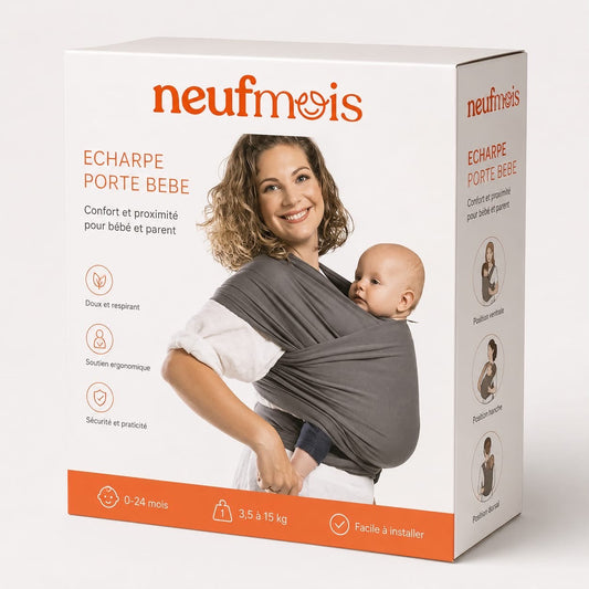 Boîte de l'écharpe porte-bébé ergonomique Neufmois en tissu gris anthracite, montrant une maman souriante portant son bébé en position ventrale.