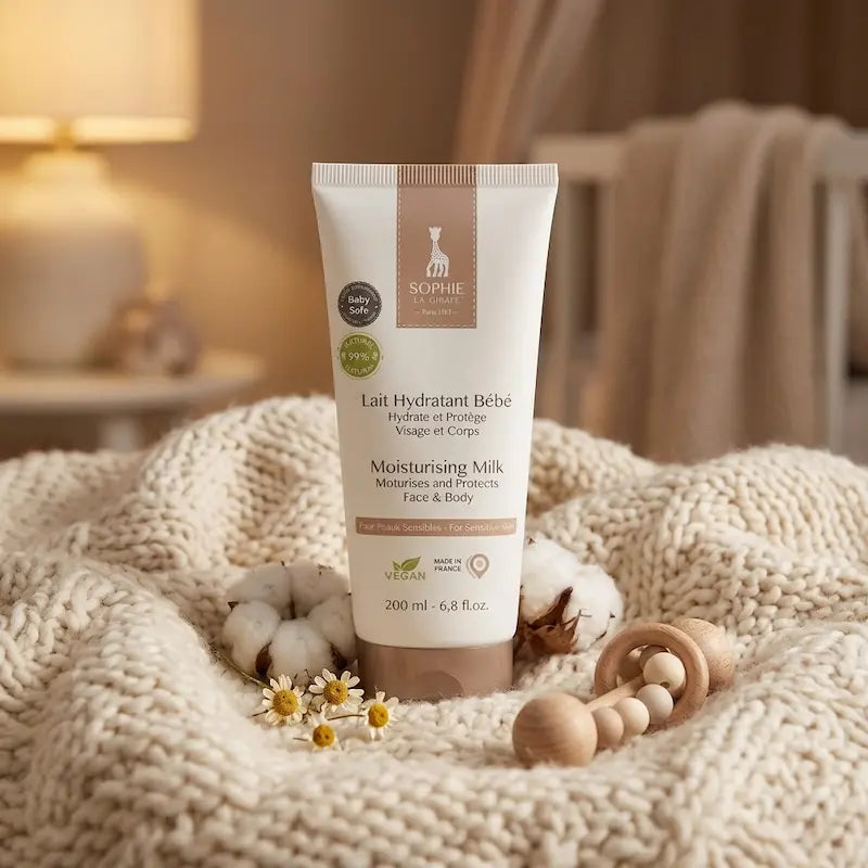 Tube 200ml lait hydratant bébé Sophie la Girafe visage et corps pour peaux sensibles, lait sophie.
