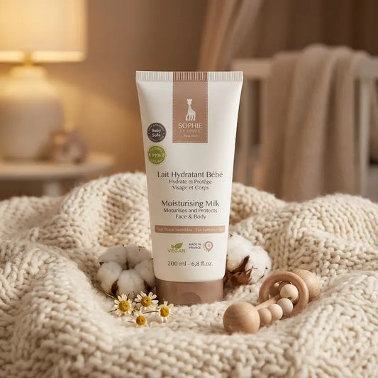 Tube 200ml lait hydratant bébé Sophie la Girafe visage et corps pour peaux sensibles, lait sophie.