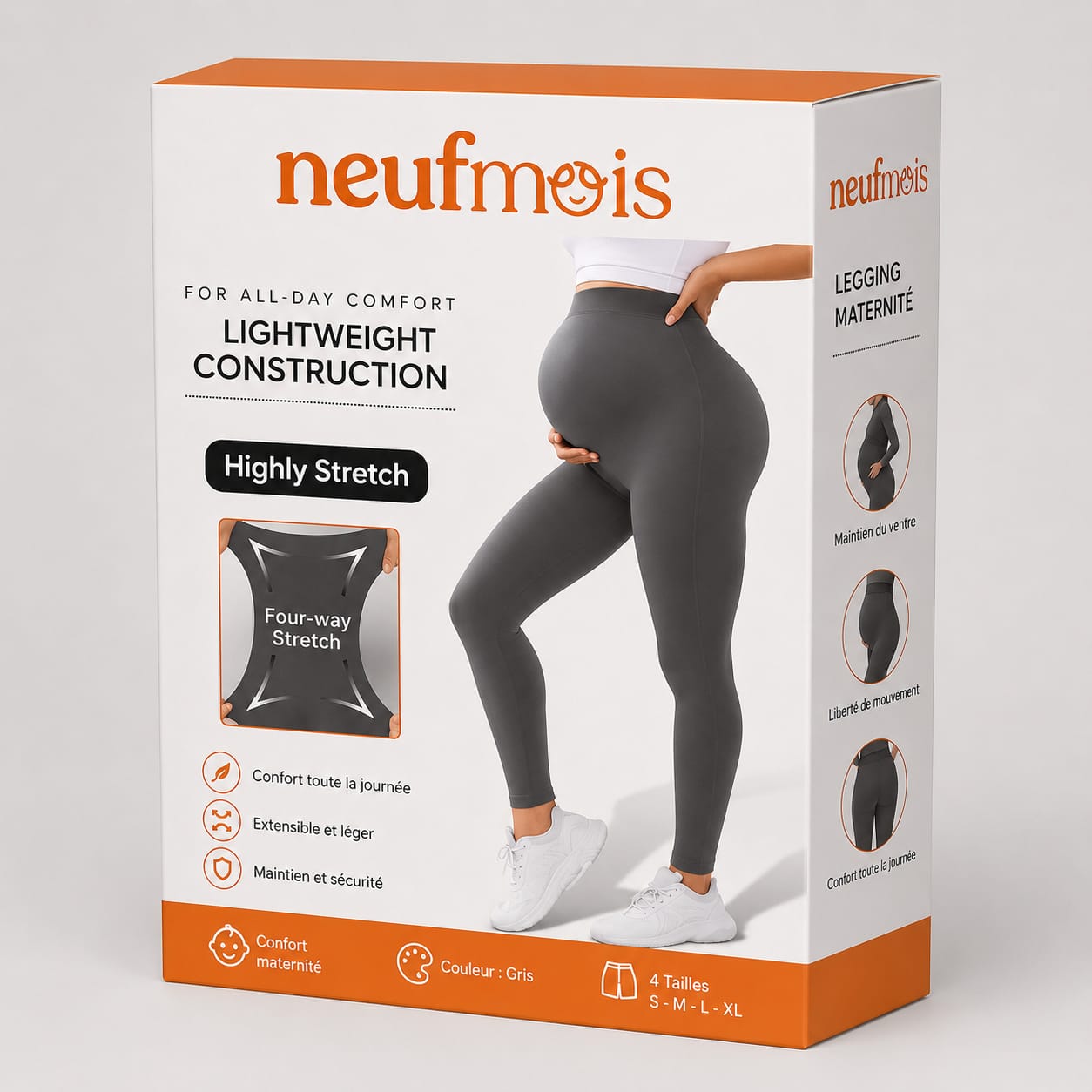 Boîte du legging de maternité Neufmois gris montrant une femme enceinte portant le legging avec un maintien parfait du ventre et une élasticité stretch.