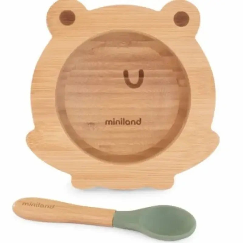 Bol en bois naturel forme grenouille Miniland Baby pour repas enfant.